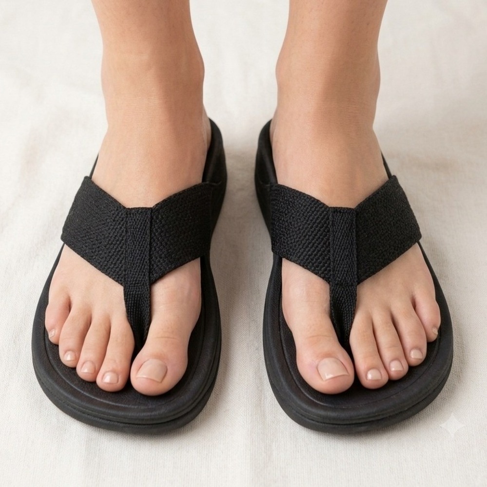 FitFlop Size 8 Lulu Black Textile Wedge Flip Flop Sandals Womens Comfort Shoes